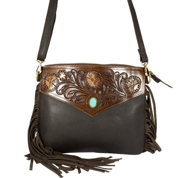 Hand Tooled Bag for Women Western Travel Bag with Free Gift, Bifold Black Wallet - Picture 4 of 8